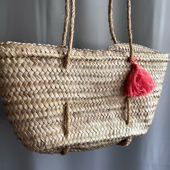 Sezane Bags Sezane Woven Straw Bag With Coral Color Tassel And